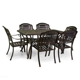 Bronzszínű, öntött alumíniumból készült, 6 személyes kerti étkezőgarnitúra.